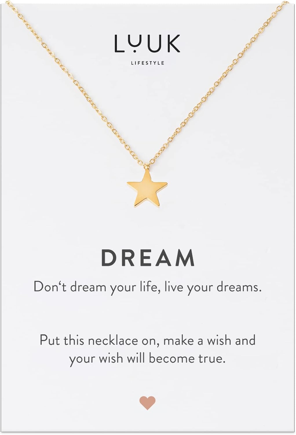 LUUK LIFESTYLE Necklaces with star | heart | elephant pendant and DREAM greeting card, stainless steel, women's jewelry, lucky charm, elegant, birthday present, gift idea, silver, gold and rose gold