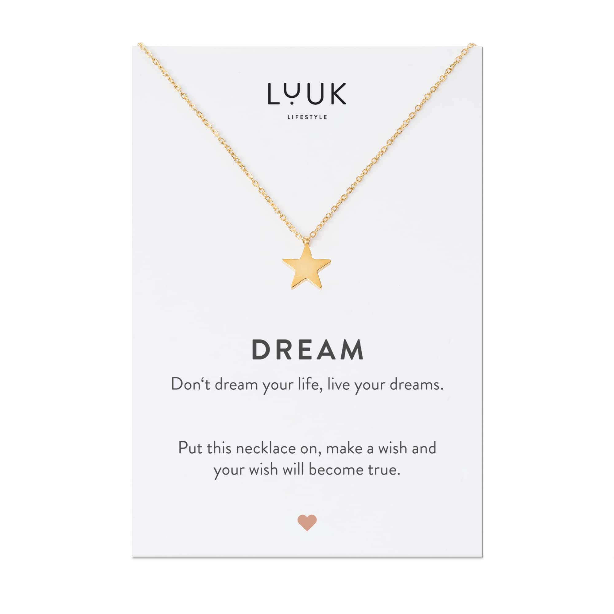 LUUK LIFESTYLE Collares de acero inoxidable mujer estrella | corazón | elefante con tarjeta frase DREAM, Joyas femeninas para regalar, amuleto de la suerte, regalo joyería, plateado, dorado y oro rosa