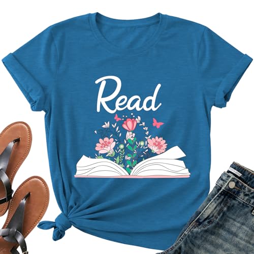 Image of Read Book Shirt for Women-Reading Teacher Tee Tops Pink Flower and Butterfly Short Sleeve Cute Book Shirt