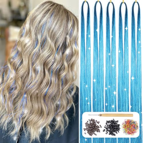 AIFIHIYI Hair Tinsel Kit with Tools 48 Inch 1200 Strands Blue Glitter Tinsel Hair Extensions Heat Resistant Highlights Sparkling Fairy Hair Accessories for Girls Women (Sky Blue)