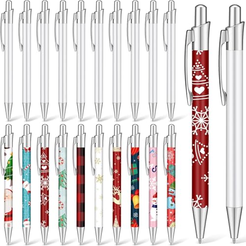 LATERN 20Pcs Sublimation Ballpoint Pens, 14CM Blank Heat Transfer Pen Retractable Ballpoint Pen Aluminum Clip Pen with 20Pcs Shrink Wraps for Office School Stationery Christmas Supplies