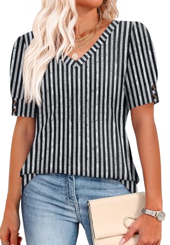 Image of OFEEFAN Womens Tops Short Sleeve Shirts Buttons V Neck Spring Fashion Summer Outfits Plus Size Blouses Dressy Casual