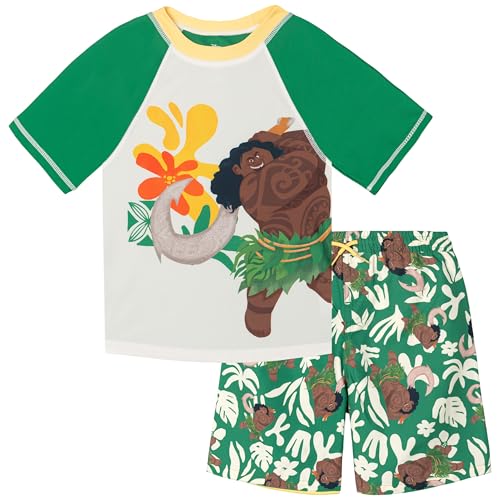 Disney Moana Maui Toddler Boys Raglan Rash Guard and Swim Trunks UPF 50+ Outfit Set Green/White Maui 4T