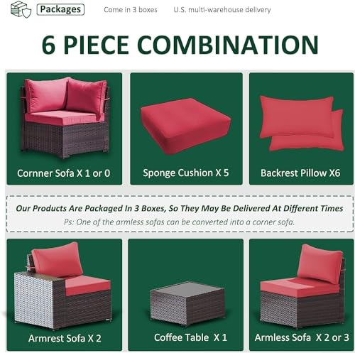 Image of 6 PCS Outdoor Patio Furniture Set,Outdoor Sectional Furniture All Weather PE Rattan Wicker Patio Conversation Set with Coffee Table and 5 Thickened Cushions,Red