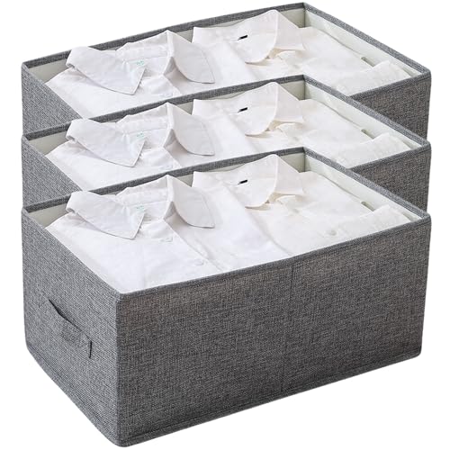 KATTAO Cajas Organizadoras XL (48x30x22cm) Imitación Lino Gris – Organizador Armario Ropa – Caja Organizadora - Ideal como Organizador Cajones y Armarios (3ud)