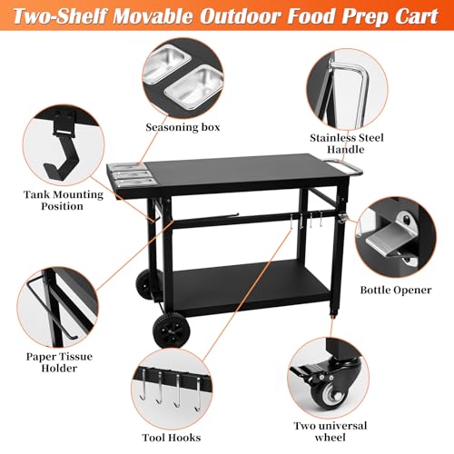 Image of Black Cast Iron 2-Shelf Grill Cart with Wheels,Heavy Duty Pizza Oven Stand for Blackstone Ninja,Outdoor Cooking Station with Durable Tabletop