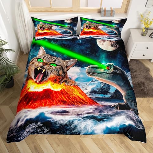 jejeloiu Funny Cat Bedding Set Toddler Size Kids Dinosaur Moon Comforter Cover for Boys Girls Teens Cute Kitten Duvet Cover Soft Lightweight Microfiber Room Decor,No Stuffing