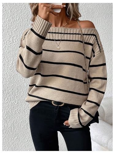 MakeMeChic Women's Striped Off The Shoulder Sweater Long Sleeve Knit Sweater Tops4
