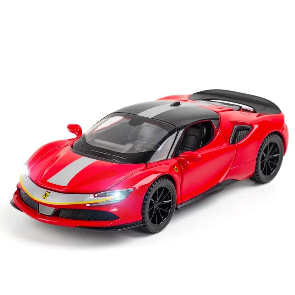 VARIYA ENTERPRISE Alloy Metal Pull Back Die-cast Car 1:32 Ferrari SF90 Diecast Metal Pullback Toy car with Openable Doors & Light, Music Boys Gifts Toys for Kids【RED】
