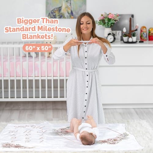 Image of Monthly Baby Milestone Blanket 60 inchx50 inch - Elegant Boho Floral Design with Felt Frame - Track Your Baby's Monthly Growth - Perfect Gender Neutral Gift for New Parents - Personalized Baby Blanket