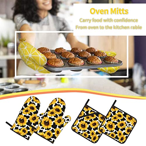 Sunflower Cow Print Oven Mitts And Pot Holders Heat Resistant 4 Pcs Sets Waterproof Non-Slip For Bbq Cooking Baking Grilling #TOP6
