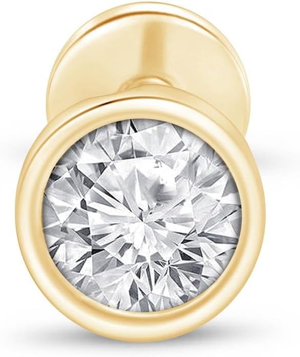 Flat Back Earring in 14K Yellow Gold - Internally Threaded & Hypoallergenic SINGLE Stud for Women - Pink Opal Round Cubic Zirconia Gemstone Jewelry for Lobe, Helix, Conch, Tragus & Cartilage Piercing