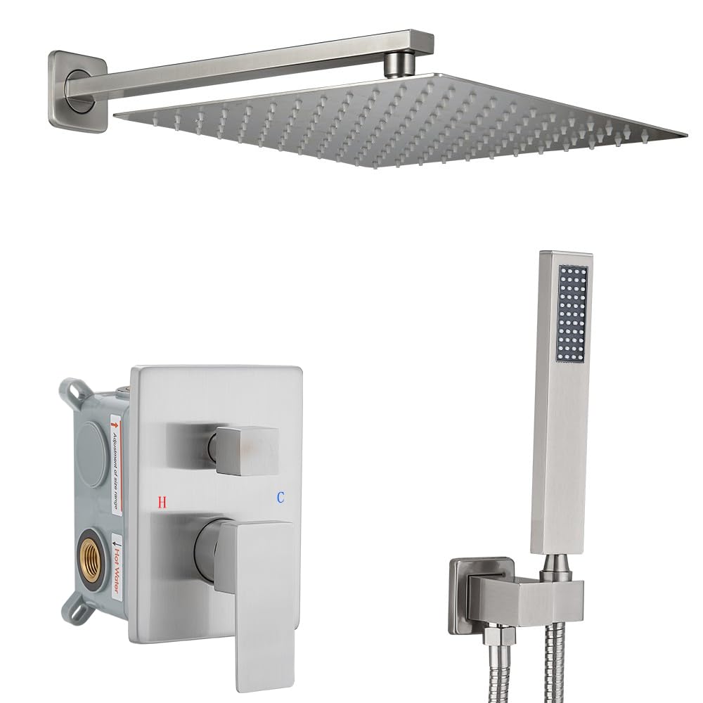 Shower Faucet Set Complete, Wall Mount Shower System for Bathroom 12 Inch High-Pressure Rainfall Shower with Handheld, Rough-in Valve Body and Trim Kit, Brushed Nickel