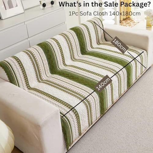 Image of HOMETHREADS Chenille Bohemian Boho Style Sofa Cover | Thick & Soft Luxury Slipcover | Protective, Washable & Stylish Couch Cover for Living Room Decor. (Boho Line Green, 2 Seater | 140x180cm)