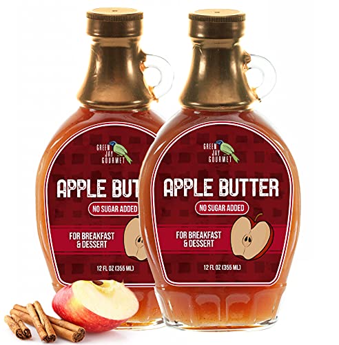 Green Jay Gourmet No Sugar Added Apple Butter Syrup - Low Sugar Breakfast Syrup w/ Fresh Apples, Lemon Juice & Spices - All-Natural, Non-GMO Pancake Syrup, Waffle Syrup & Dessert Syrup - 2 x 12 Ounce