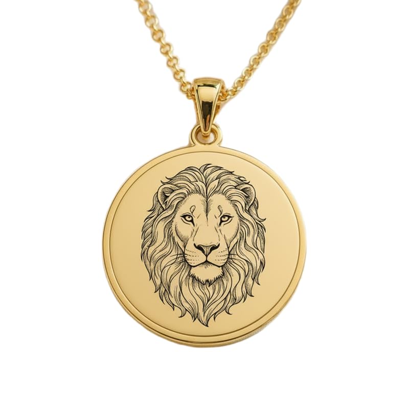 Collier pendentif rond argent 925 plaqué or gravure lion avec chaîne 45 cm