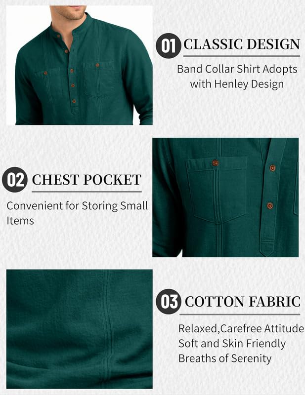 Image of ROYALSCOUT Men's Cotton Polyester Blend Kurta Style Shirt with Mandarin Collar, Half Button Placket, Dual Chest Pockets, Long Sleeve Casual Ethnic Fusion Wear for Office, Festive and Daily Use