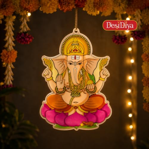 Image of Desidiya Lord Ganesha LED Hanging Light | Warm White Double-Sided Decor | Perfect for Diwali, Ganesh Chaturthi, temples, pooja rooms, entrances and gifting.