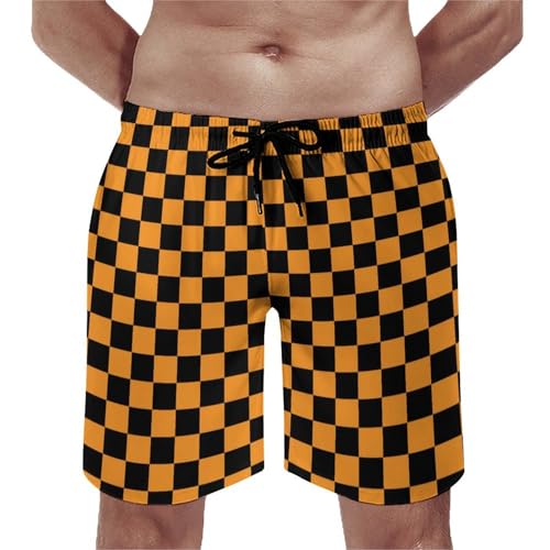Hawaiian Shorts for Men - Black Orange Checkered Print Quick Dry Mens Swim Trunks Bathing Suits with Mesh Lining