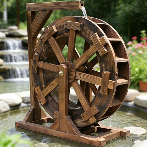 Image of Outdoor Garden Water Wheel Fountain, Self-Rotating Wooden Water Feature, Vintage Rustic Decoration for Patio Pond Pool, Complete Waterfall Fountain(20cm)
