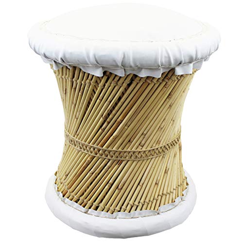 Natural Geo Moray Faux Leather/Reed Decorative Cushioned Accent Stool (1, Faux Leather White)