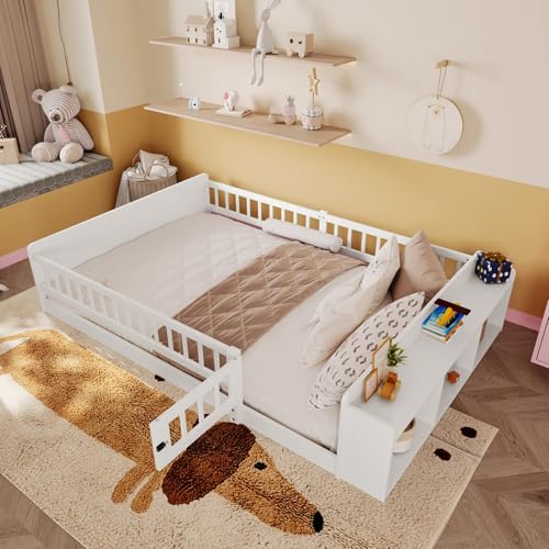 KOMHTOM Lit Enfant en Bois avec Rails de Sécurité et Porte, Cadre de Lit Blanc avec Rangement...