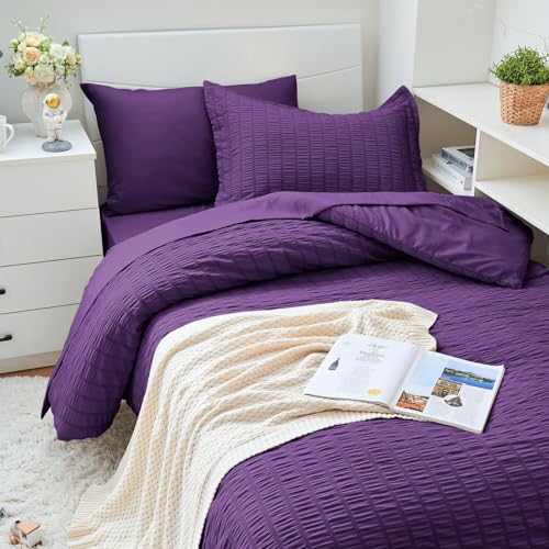 Image of HYMOKEGE Dark Purple Twin XL Comforter Set Seersucker 5 Pieces, All Season Luxury Bed in a Bag for Bedroom, Bedding Set with Comforter, Sheets, Pillowcase & Sham