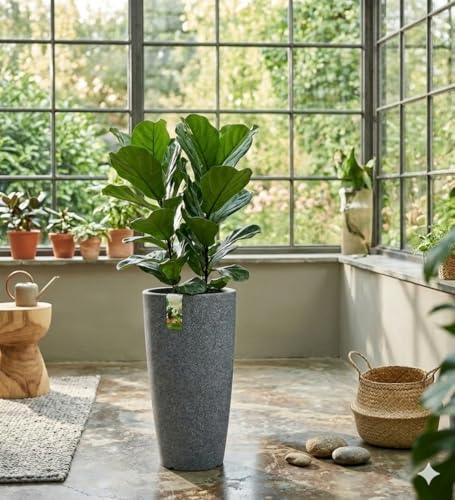 Image of Harshdeep Roto Planter - Venice - Indoor Outdoor Home Balcony Garden Decorative Round Durable Light Weight Stone Finish Plant Pot Dia 11 Inch Height 22 Inch(Grey Stone)