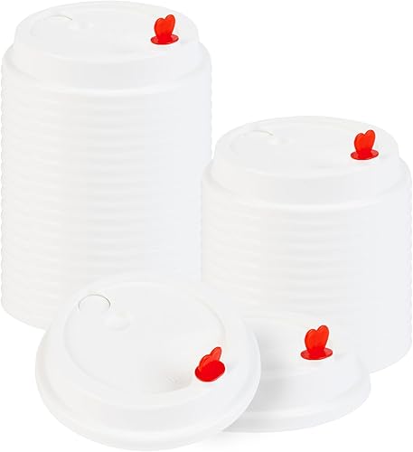 Restaurantware Solo tapas 50 tapas desechables de taza de café blancas sin BPA con tapones de tapón de corazón rojo. Se adapta a tazas de 8 onzas,