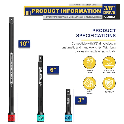 Image of 3 Pcs 3 /8 inch Drive Impact Extension Bar Set, 3 inch 6 inch 10 inch Length Socket Extension, CR-V Steel, Narrow and Deep Areas in Bicycle, Automotive Repair or Industrial Operations