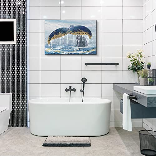 Pigort Framed Canvas Print Wall Art Whale Tail Splashes In Teal Ocean Water Animals Seascape Modern Art Nautical Landscape Relax/Calm For Living Room, Bathroom,Bedroom, Office - 36"X24" #TOP3