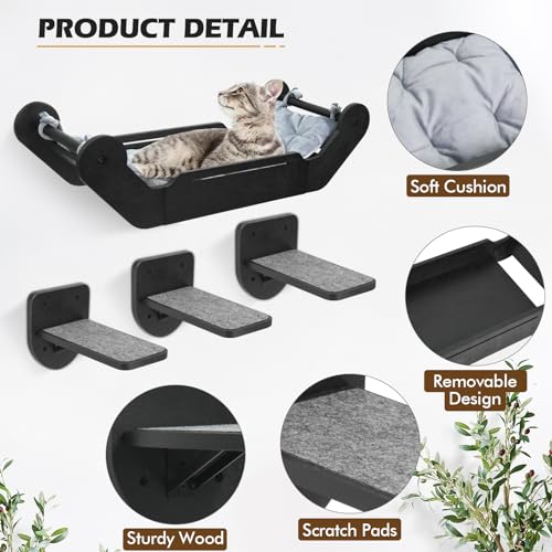 Cat Hammock Cat Wall Shelves with 3 Steps, Cat Shelves and Perches Cat Climbing Shelf Cat Scratching Post Cat Wall Shelf for Indoor, Cat Steps with Plush Covered, Gift for Cat - Thumbnail 5