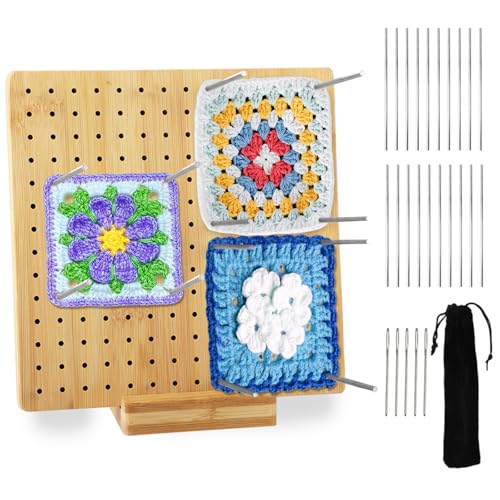 Planche de Blocage du Crochet - Planche de Blocage pour Granny Square 20x20 cm - Bambou Granny Square avec 20 Tiges, 5 Aiguilles en Inox et 1 Support - Accessoires pour Projets de Tricot et de Crochet