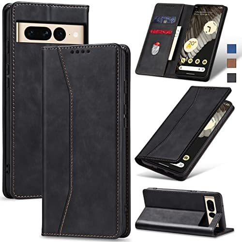 Jasonyu Skal för Google Pixel 7 Pro, Premium Läder Vikbart Skyddande Fodral [Hölster, Magnetisk, kortfack, stativfunktion] Wallet Leather Case Cover för Pixel 7 Pro (Svart)