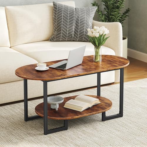 HOOBRO Coffee Table for Living Room, Oval Small Coffee Table with 2-Tier Open Storage Shelf, Industrial Cocktail Tea Table, Wooden Desktop Center Table, Farmhouse, Home Office, Rustic Brown BF09KF01