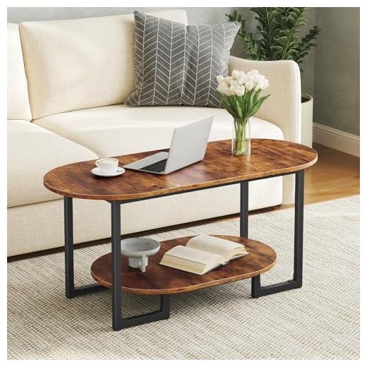 HOOBRO Coffee Table for Living Room, Oval Small Coffee Table with 2-Tier Open Storage Shelf, Industrial Cocktail Tea Table, Wooden Desktop Center Table, Farmhouse, Home Office, Rustic Brown BF09KF01