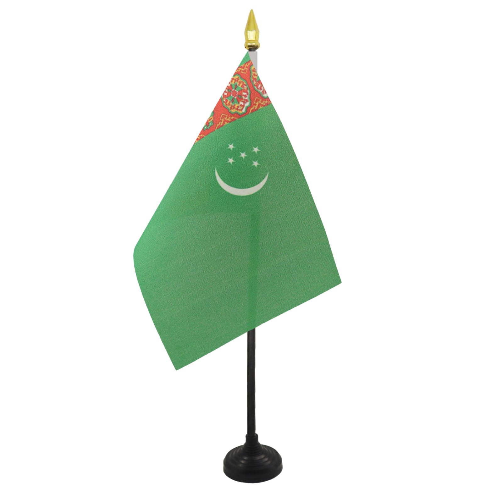 AZ FLAG - Turkmenistan Table Flag 4'' x 6'' - Turkmen Mini Desk Flag 100% Polyester 15 x 10 cm - Office Banner with 10'' Pole - Golden Spear