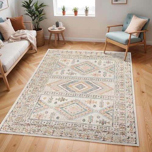 Livabliss Dublin Vintage groß - Wohnzimmer 200x275 cm, Esszimmer, Schlafzimmer, Orientalischer e Boho Style - Carpet Living Room, Bunter Muster, Elfenbein, Rosa und Grau