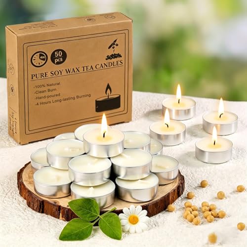 4 Hour Tea Lights Candles 50 Pack Soy Wax Tealights Unscented White Tea Candles in Aluminum Cups Paraffin-Free for Weddings Home Decor Emergency & Food Warming(3.9x1.3cm)