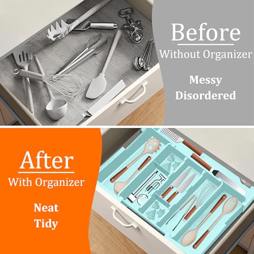 Large Utensil Drawer Organizer Expandable Silverware Organizer for Kitchen Drawer Adjustable Cooking Utensil Holder Cutlery Flatware Tray Spatula Tools Gadgets Storage Dividers Plastic Turquoise by Spaclear - Used condition - Image 3
