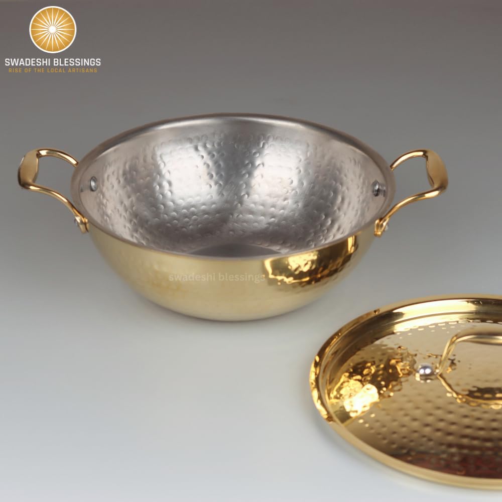 SWADESHI BLESSINGS Exclusive Range Brass Kadai/Wok Pan for Cooking with Lid/Teflon-Free/Naturally Non-Stick Brass Utensils with Tin Coating (3 Litres)