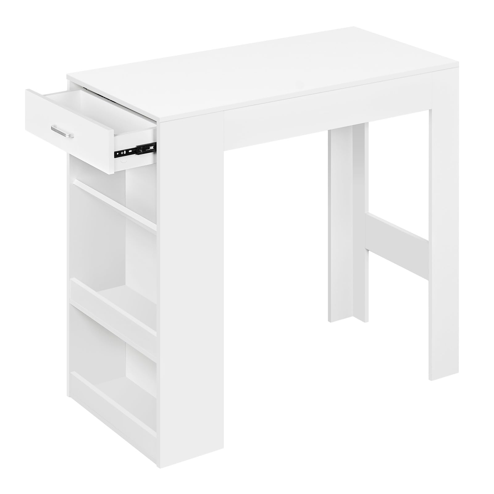 WOLTU Bartisch, Stehtisch mit 1 Schublade & 3 Ablagen, Küchentisch mit Weinregal, Bistrotisch für Bar Küche Wohnzimmer Esszimmer (Mit Brett, Weiß, 100 x 50 x 100 cm)