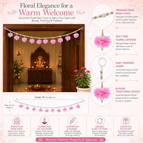 Image of Akaar Decor Floral Pearl Bead Toran with Pink Flower Latkans | Decorative Door Toran for Home Entrance, Mandir & Pooja Room | Diwali Decoration, Wedding & Festive Wall Hanging