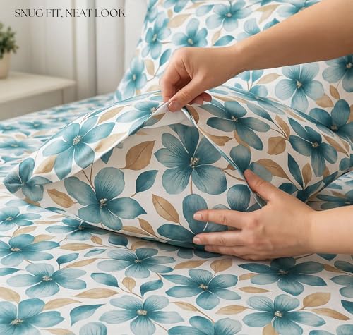 Image of VAS COLLECTIONS Cloud Cotton Double Bedsheet 180 TC | Soft & Breathable Cotton Bedding Set with 2 Pillow Covers | Elegant Floral Printed Bed Sheet for Bedroom & Home | 90x90 Inches (Aqua Petal)