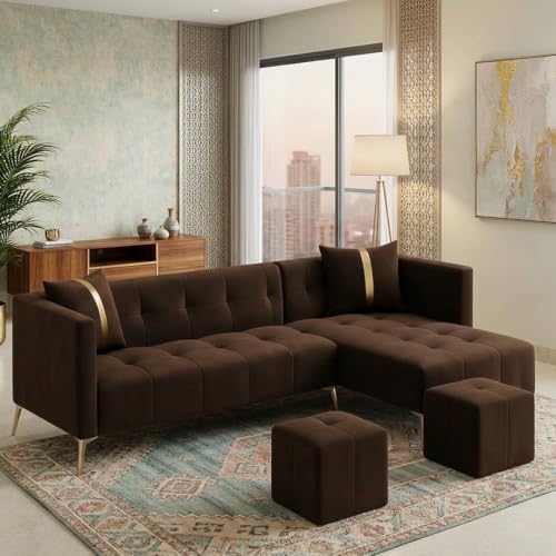 Image of Luxvivo 6 Seater Fabric RHS L Shape Sofa Set with 2 Puffy Table| Soft Velvet Upholstery, Sturdy Wooden Frame | Stylish Sofa for Living Room, Hall & Office Spaces (Dark Brown)