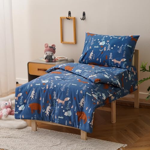 Image of Luxlovery Toddler Comforter Set Cartoon Bear Printed Kids Children Blue Bedding Set Bed Set for Dorm Kid's Bedroom 4 Pieces (1 Comforter, 1 Flat Sheet, 1 Fitted Sheet, 1 Pillowcase)
