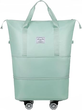 Travel Tote Bag with Trolley Sleeve Expandable Extra Duffel Bag with Wheels Lightweight Traveling Foldable Suitcase