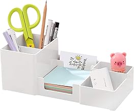 Xacton Desk Organizer Pencil Holders,Sticky Note,Paperclip Storage I Multi-Functional Office Table Accessories I Stand For Home/Office I 6 Compartment,Plastic Acrylonitrile Butadiene Styrene - White
