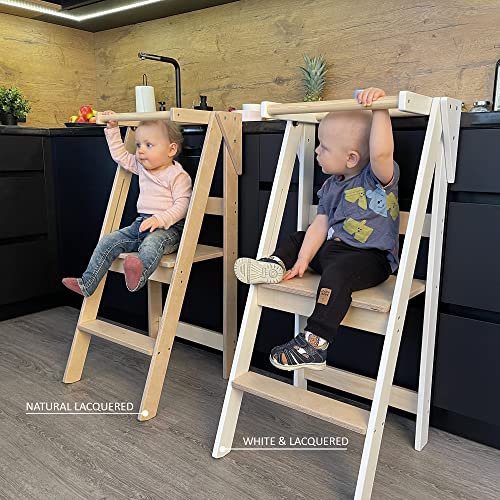 Foldable And Space Saving Helper Tower For Toddlers, Kids, Handmade In Latvia - Europe (Natural Lacquered) #TOP7