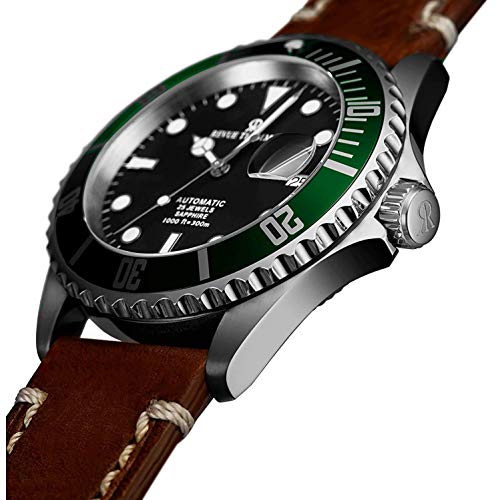 Mens Automatic Diver Watch - 42mm Analog Black Face Diving Watch with Luminous Hands, Date and Sapphire Crystal - Brown Leather Band Swiss Made Waterproof Dive Watch 17571.25342